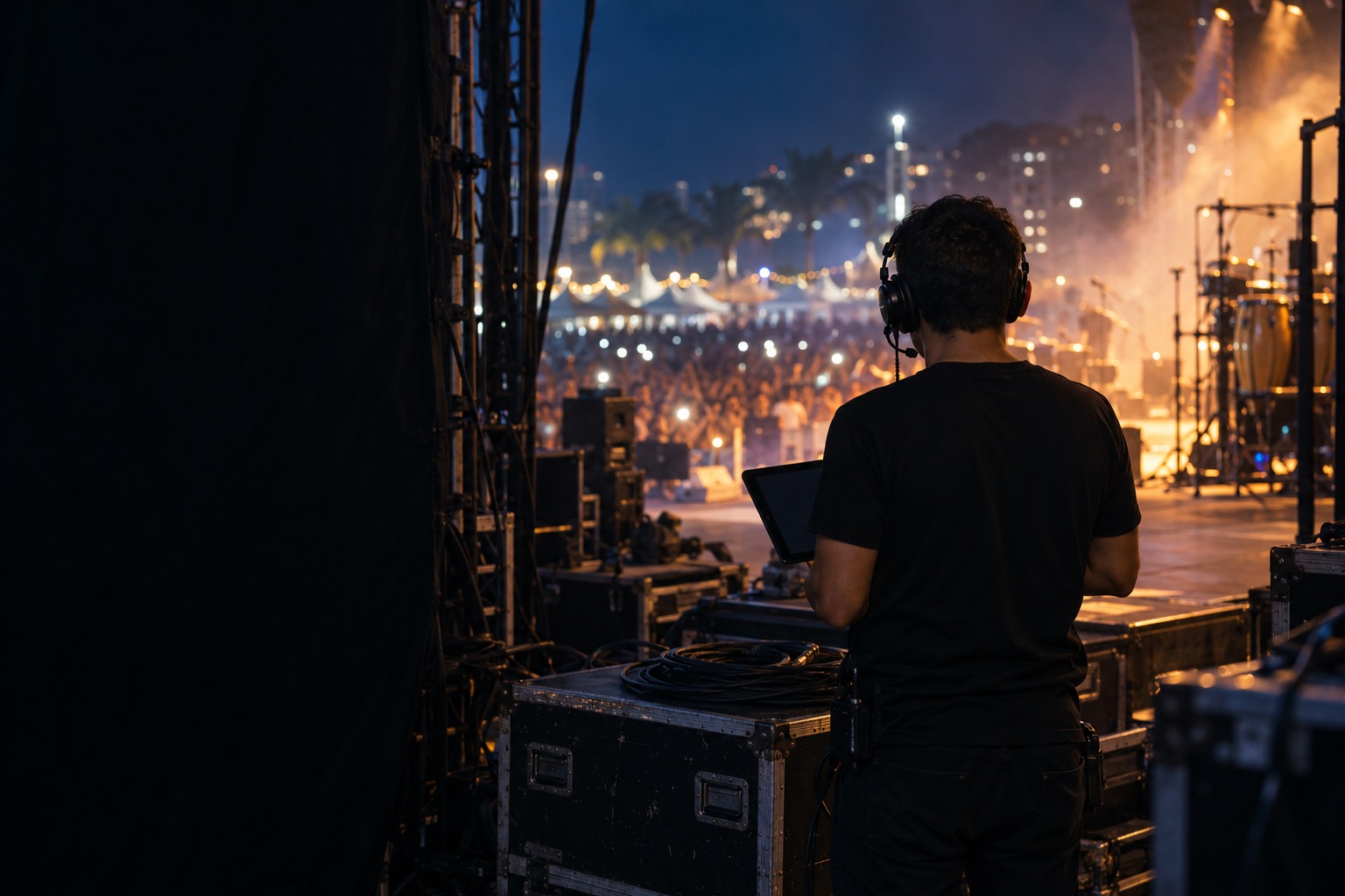 Produtor com fone e tablet acompanhando o show da lateral do palco